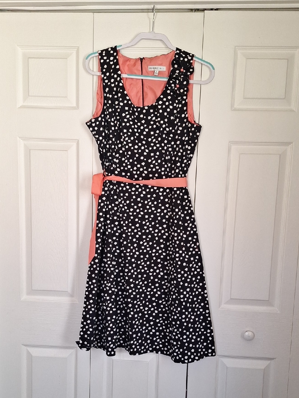 Robbie Bee Black and Coral Polka Dot Sleeveless Midi Dress